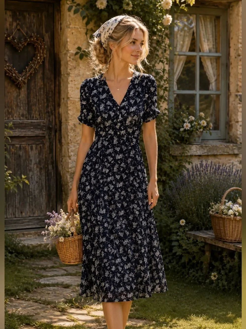 Louche Cottage Core Floral V-Neck Navy Midi Dress with Puff Sleeves
